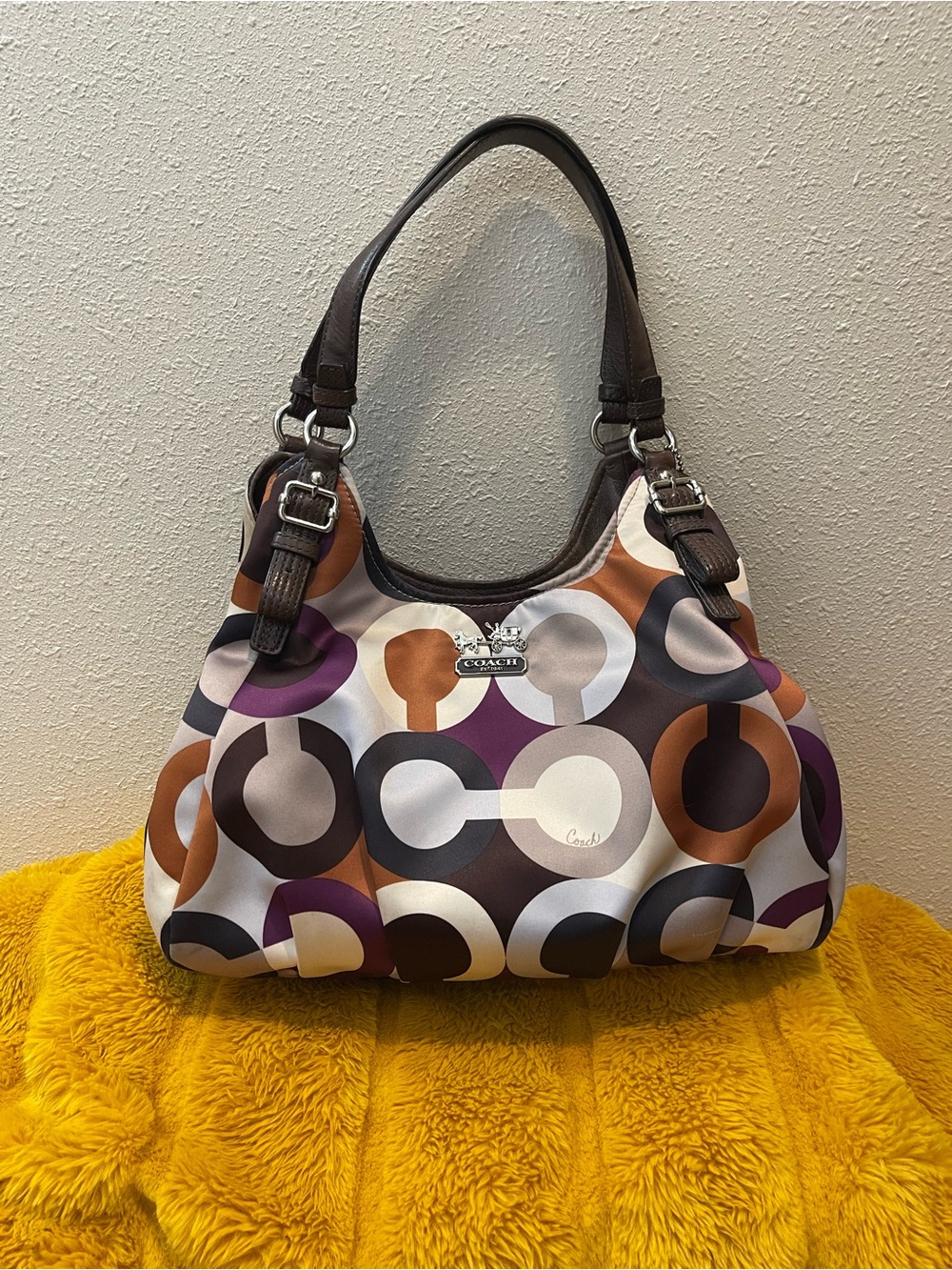 Coach Madison Optic Art Sateen Maggie Shoulder Bag Brown Purple